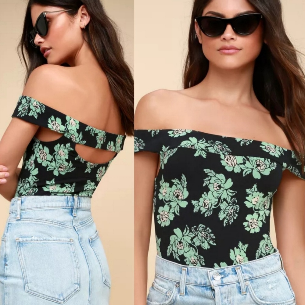 Free People Black and Green Floral Off-Shoulder Blouse